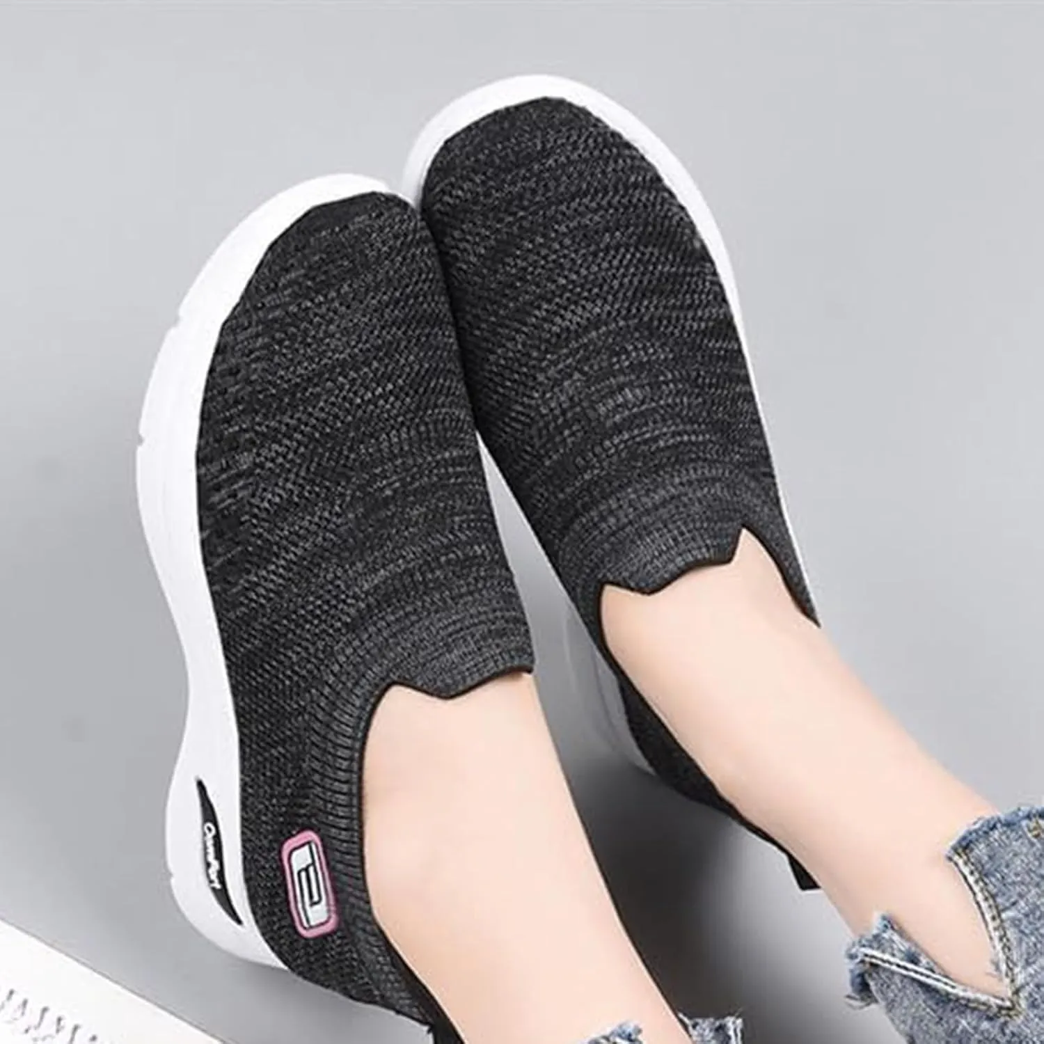 Slip On Orthopedic Sneakers for Women Breathable Mesh Woven Low Top Walking Shoes Wide Width Soft Sole Arch Support Shoe Comfy Work Walking Shoes Lightweight Tennis Sneaker