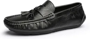 Smoking Loafer Driving Moccasins for Men Genuine Leather Tassel Stitching Details Round Toe Lightweight Flexible Anti-Slip Resistant Flat Heel for Any Attire