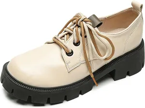 Women's Leather Platform Chunky Heel Oxford Shoes Fashion Colorblock Lace-Up Round Toe Lug Sole Loafers Comfort Vintage Casual Shoes for Business Work Office