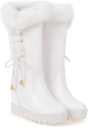Women's Mid Calf Winter Platform Hidden Wedge Boots Slip on Thick Rabbit Fur Collar Warm Waterproof Stretch Leather Snow Boots