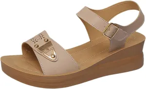 Women's Summer Wedge Sandals Open Toe Leather Casual Walking Shoes for Vacation Beach Outfit with Comfortable 5cm Heel