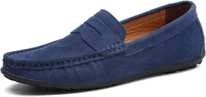 XTYPE Loafer Shoes for Men Genuine Leather Stitching Details Round Toe Suede Vamp Penny Loafer Rubber Sole Resistant Flexible Flat Heel Lightweight Casual (Color : Deep Blue, Size : 11.5)