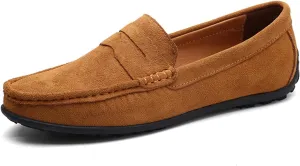 XTYPE Loafer Shoes for Men Genuine Leather Stitching Details Round Toe Suede Vamp Penny Loafer Rubber Sole Resistant Flexible Flat Heel Lightweight Casual (Color : Light Brown, Size : 11.5)