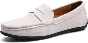 XTYPE Loafer Shoes for Men Genuine Leather Stitching Details Round Toe Suede Vamp Penny Loafer Rubber Sole Resistant Flexible Flat Heel Lightweight Casual (Color : White, Size : 7)