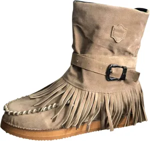 ZBYY Tassel Boots for Women Low Heel Suede Ankle Booties Winter Rome Vintage Fringe Buckle Knight Mid-Calf Flat Shoes