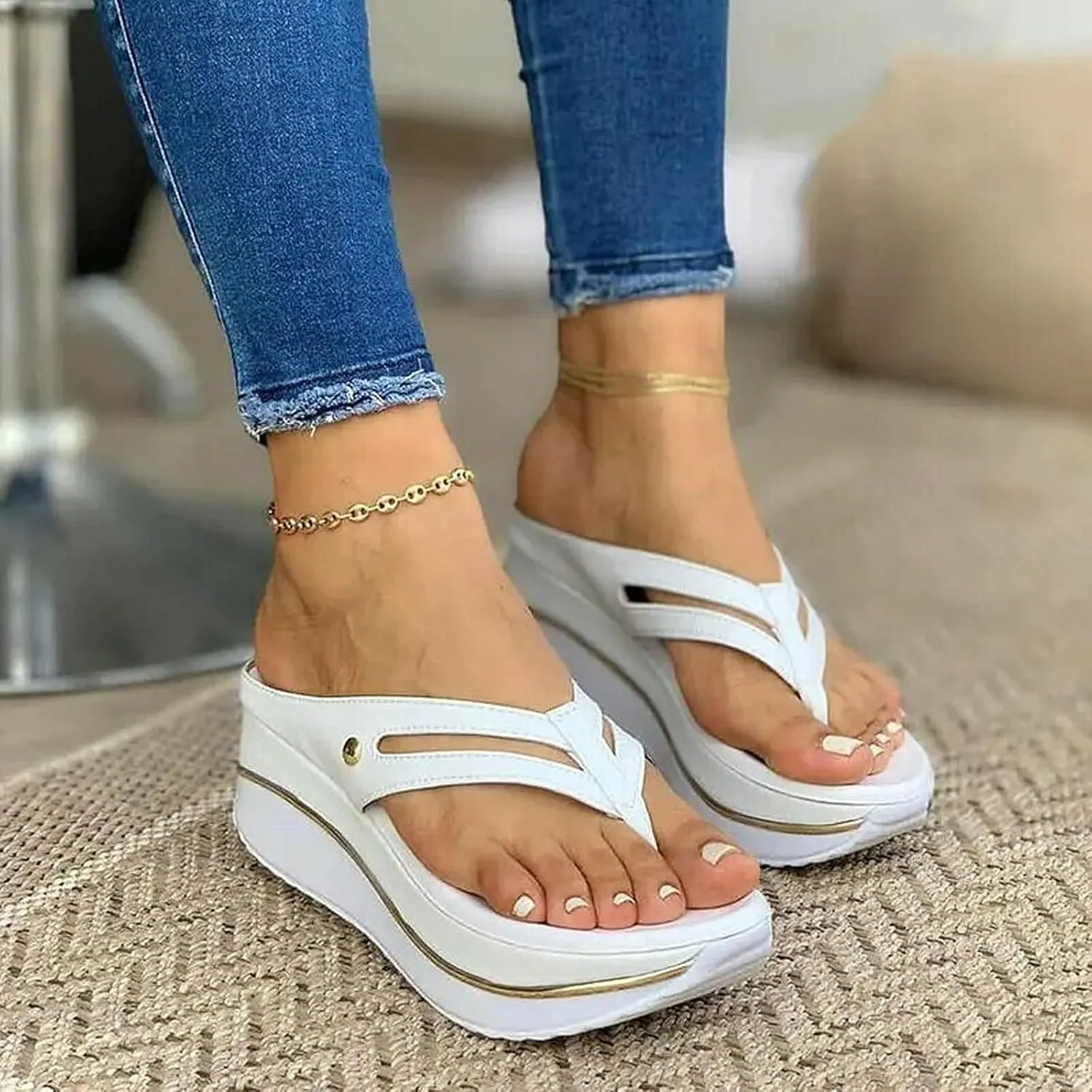 ZBYY Womens Wedge Thong Slides Summer Outdoor Slippers Slip-On Flip Flop Casual Flat Sandals Beach Dress Wedge Sandals